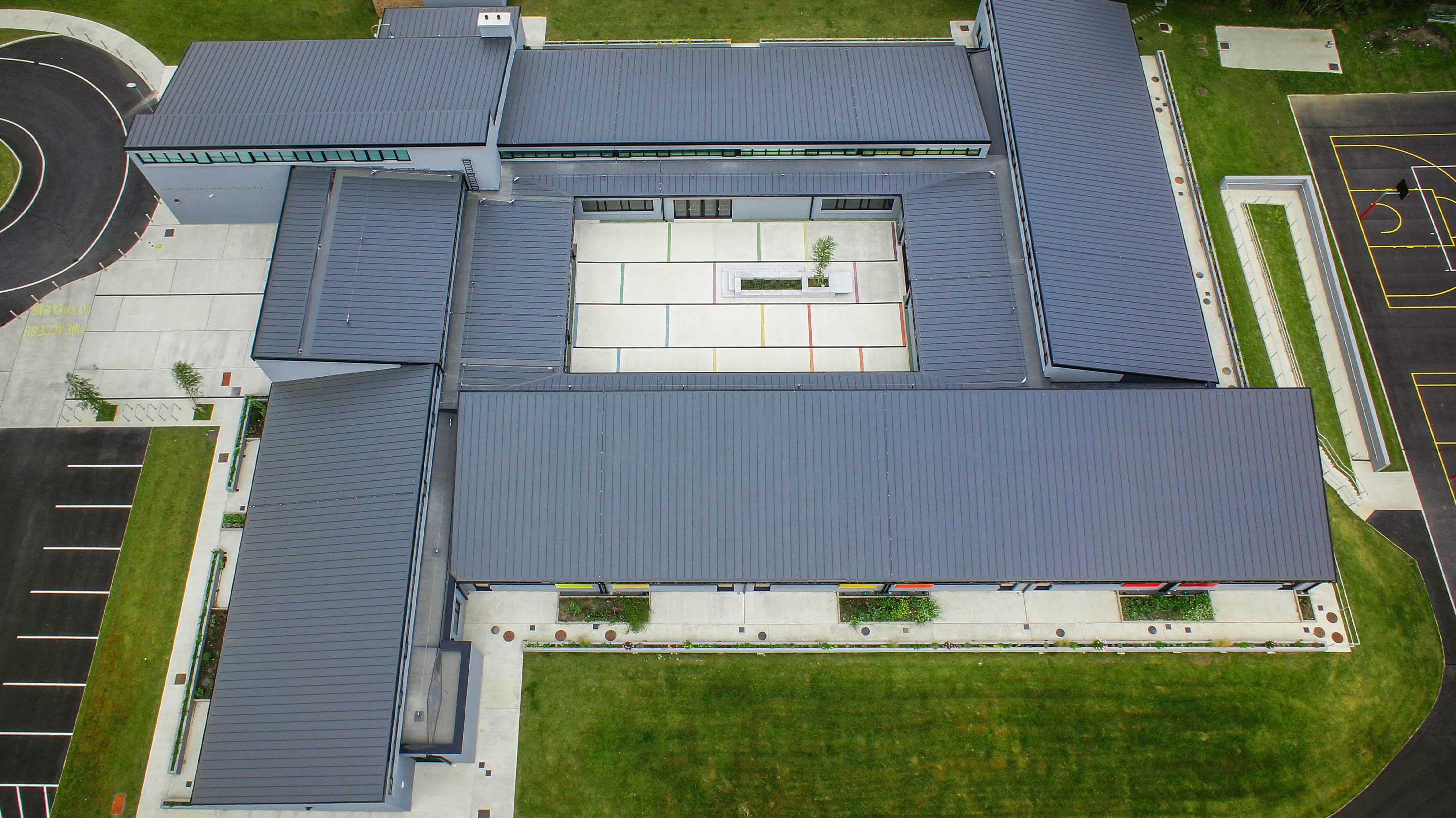 Aerial view of Oughterard National School with Bauder Thermofol PVC single ply waterproofing system installed