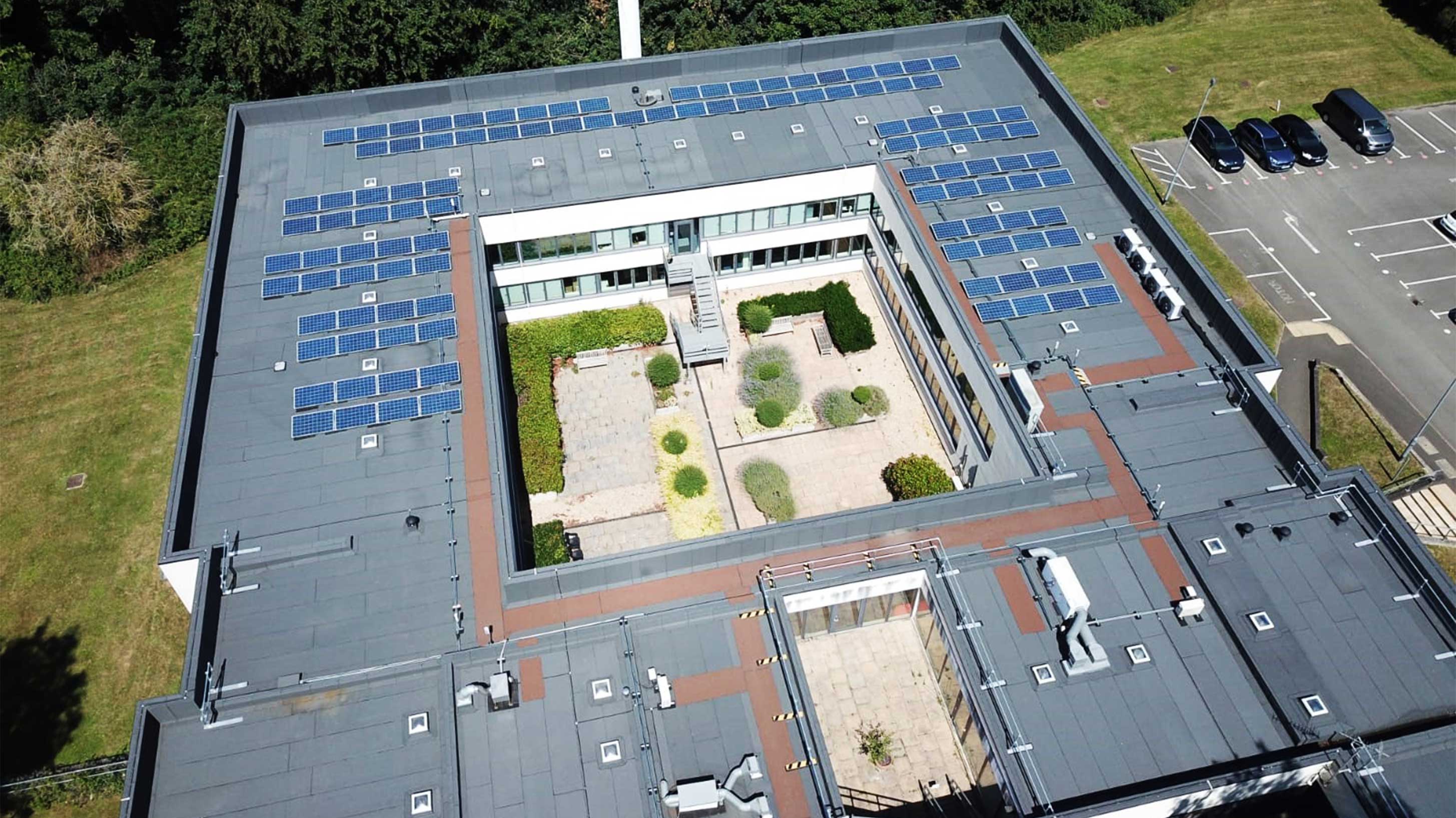 Roof of Priestley House, with Bauder Total Roof System installed with BauderSOLAR