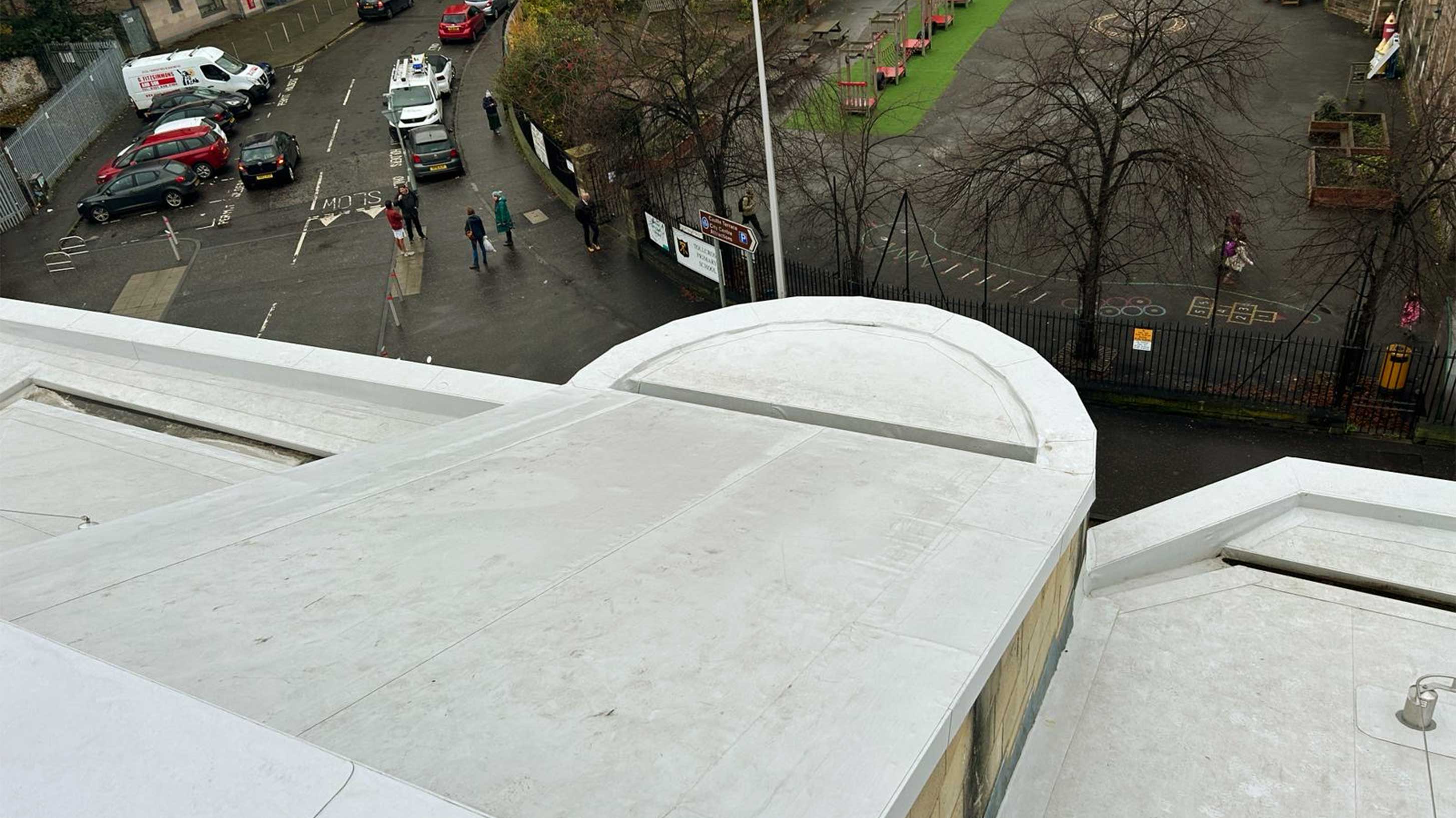 Roof of Tollcross Fire Station with Bauder Thermofol PVC single ply waterproofing with Profiled PIR Infill Overlay System