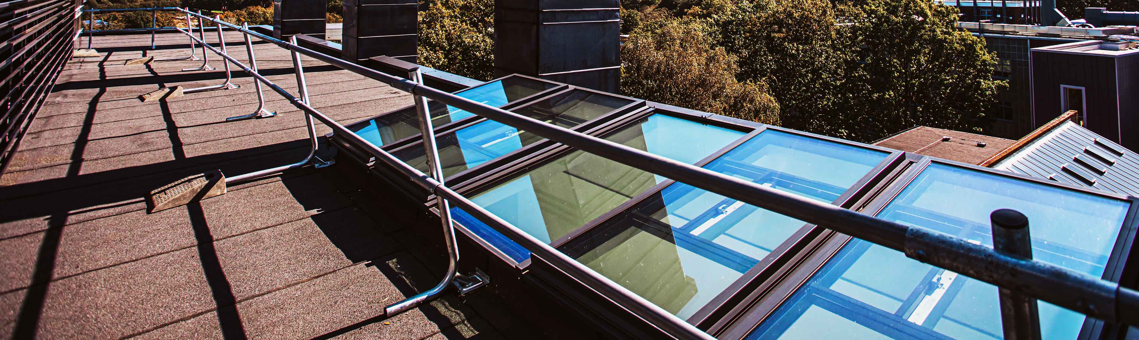 University building with a reinforced bitumen membrane flat roof