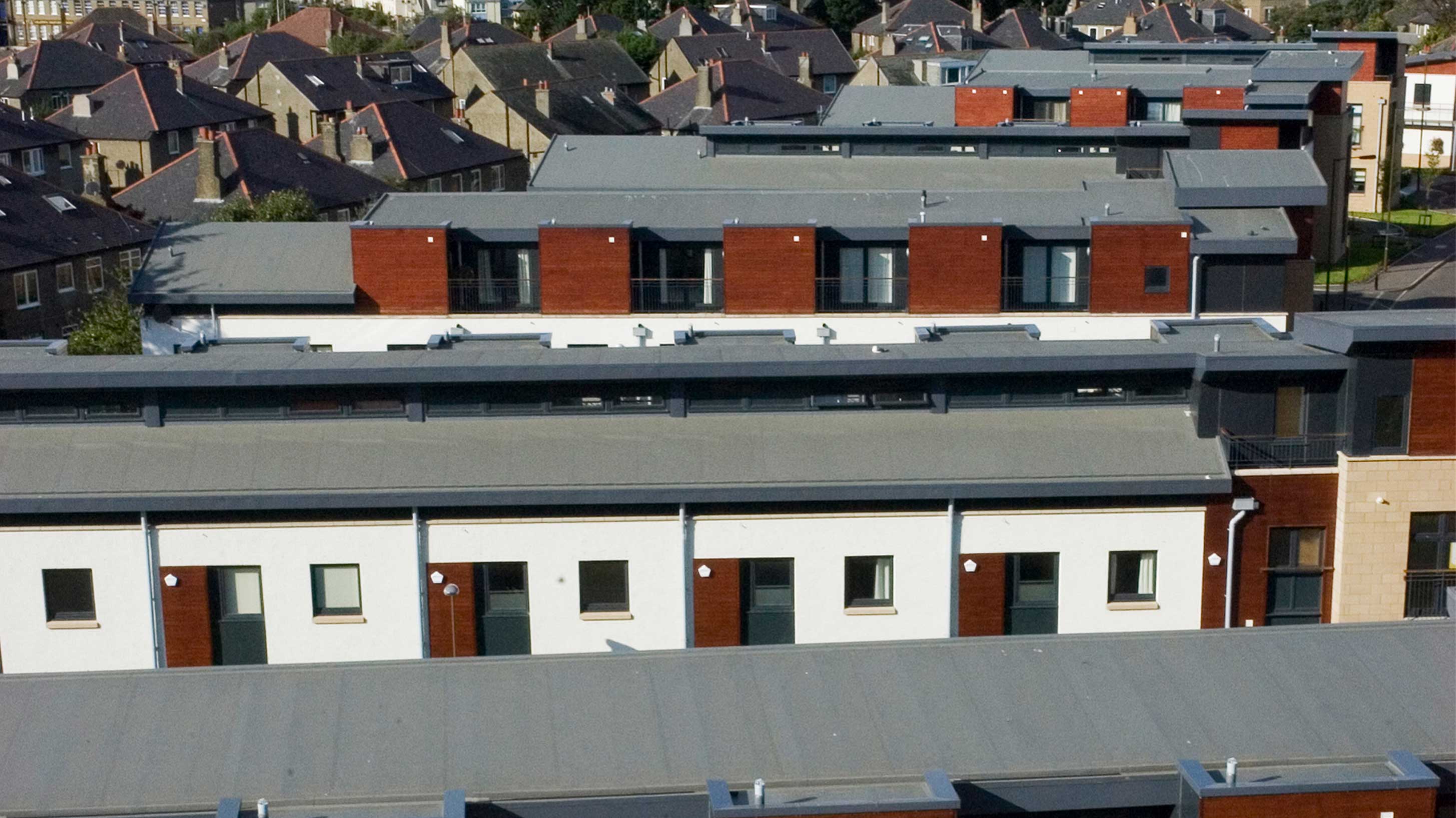 Modern housing development, The strada, showing bauder Thermofol PVC single ply waterproofing system
