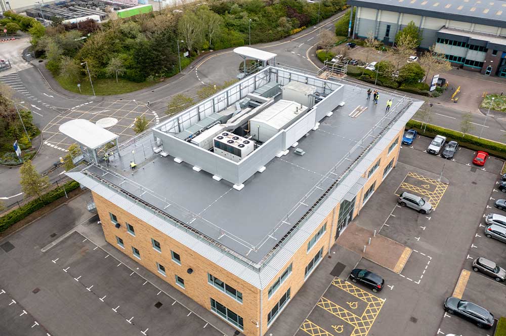 Aerial view of Canberra House showing roof with Bauder Cold Applied LiquiTOP System installed