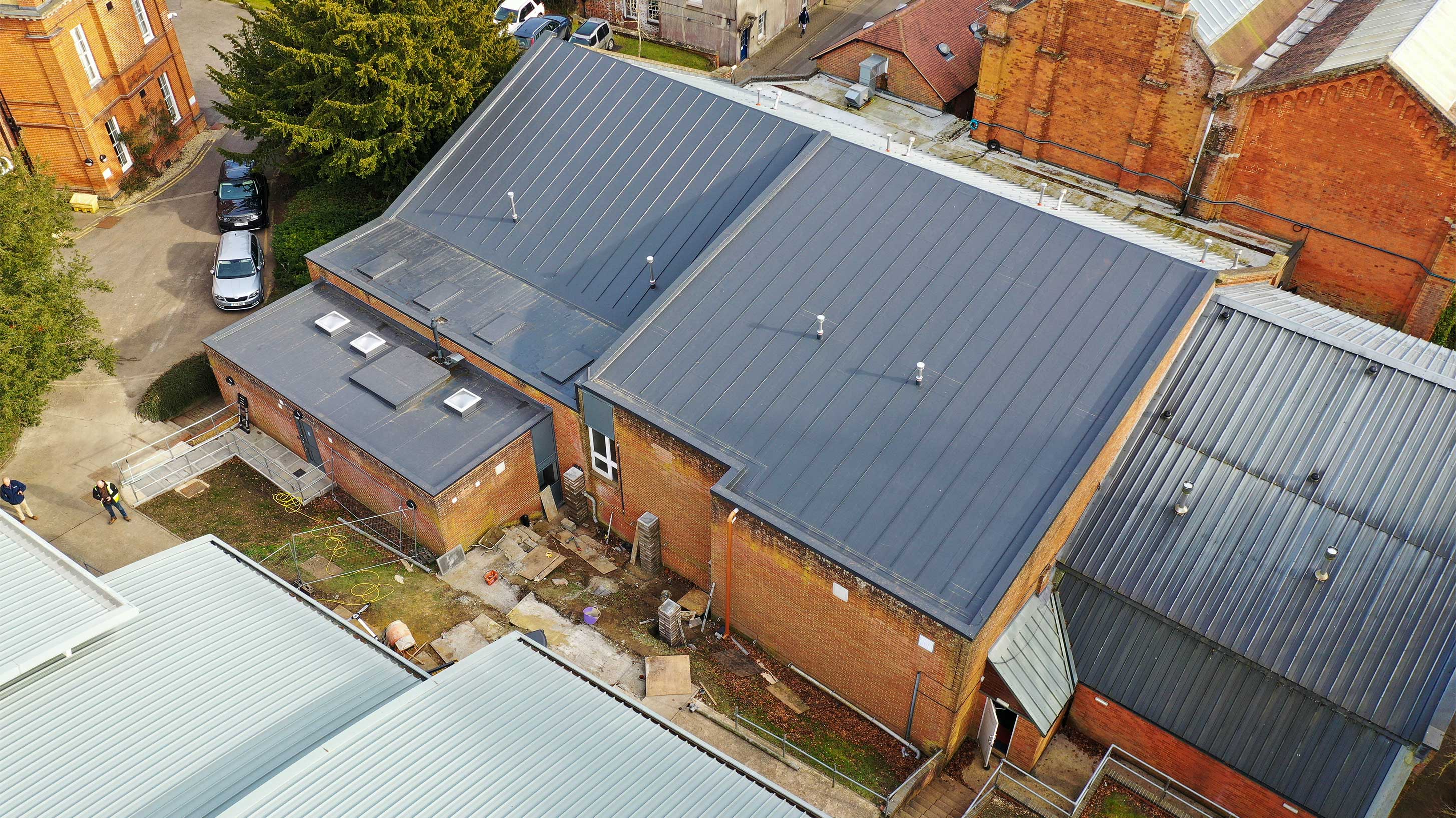 Aerial view of Roof of Marlborough College with Bauder Thermofol single ply waterproofing system installed