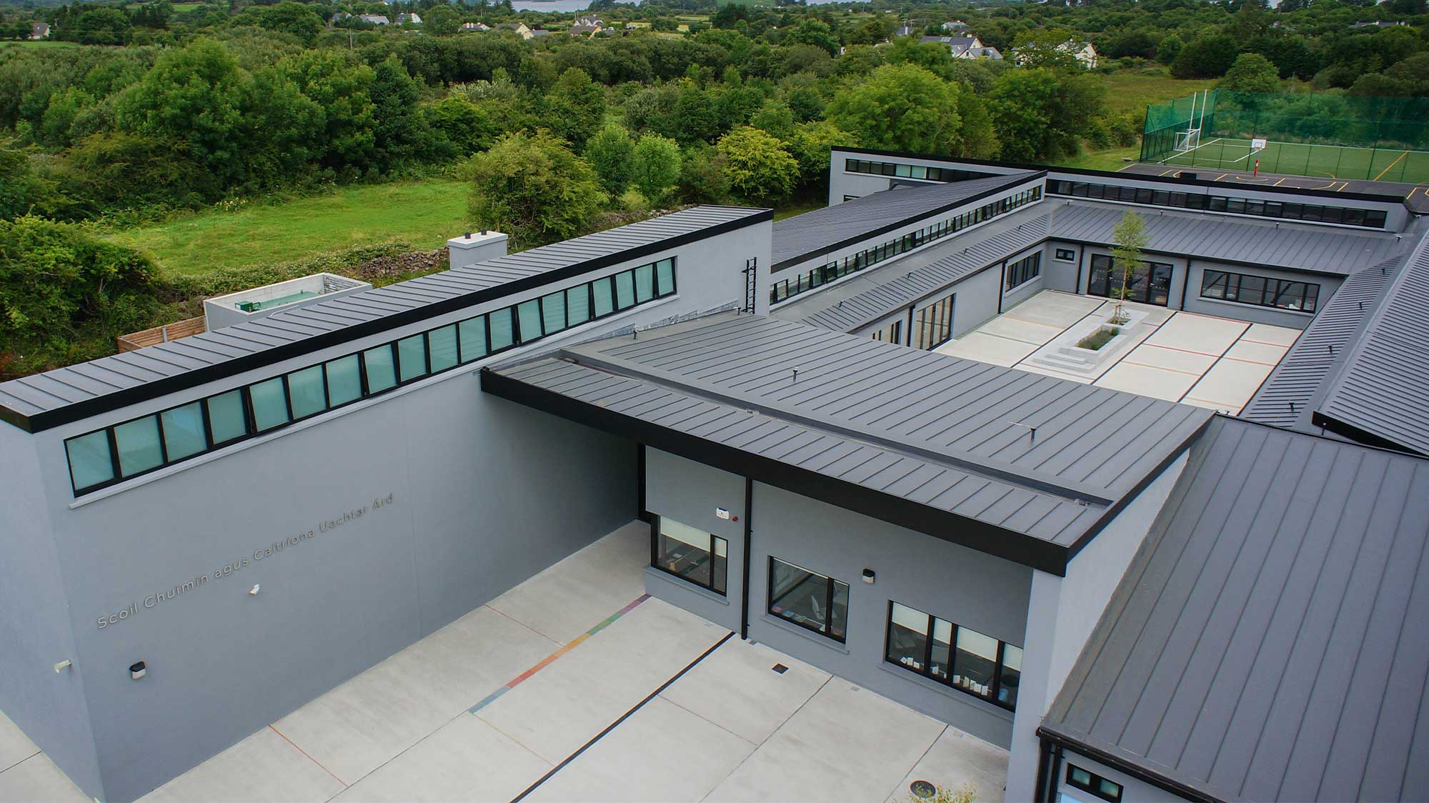 Aerial view of Oughterard National School with Bauder Thermofol PVC single ply waterproofing system installed