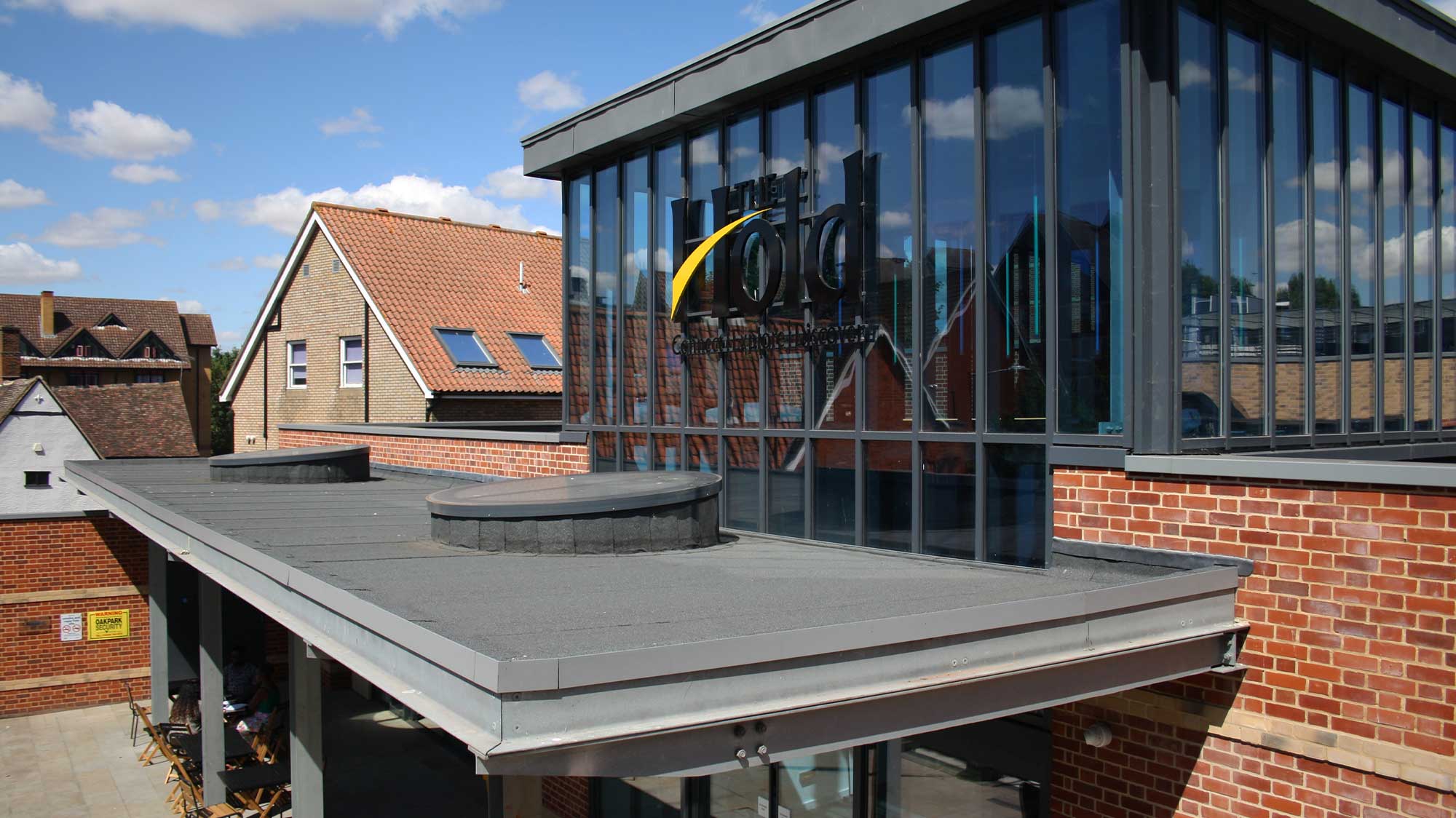 Rooftop of modern building, The Hold, Suffolk, with Bauder bituminous waterproofing system