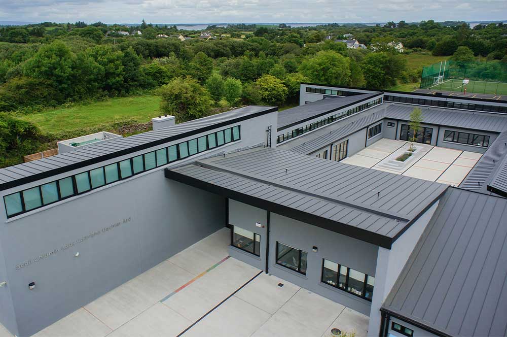 Aerial view of Oughterard National School with Bauder Thermofol PVC single ply waterproofing system installed
