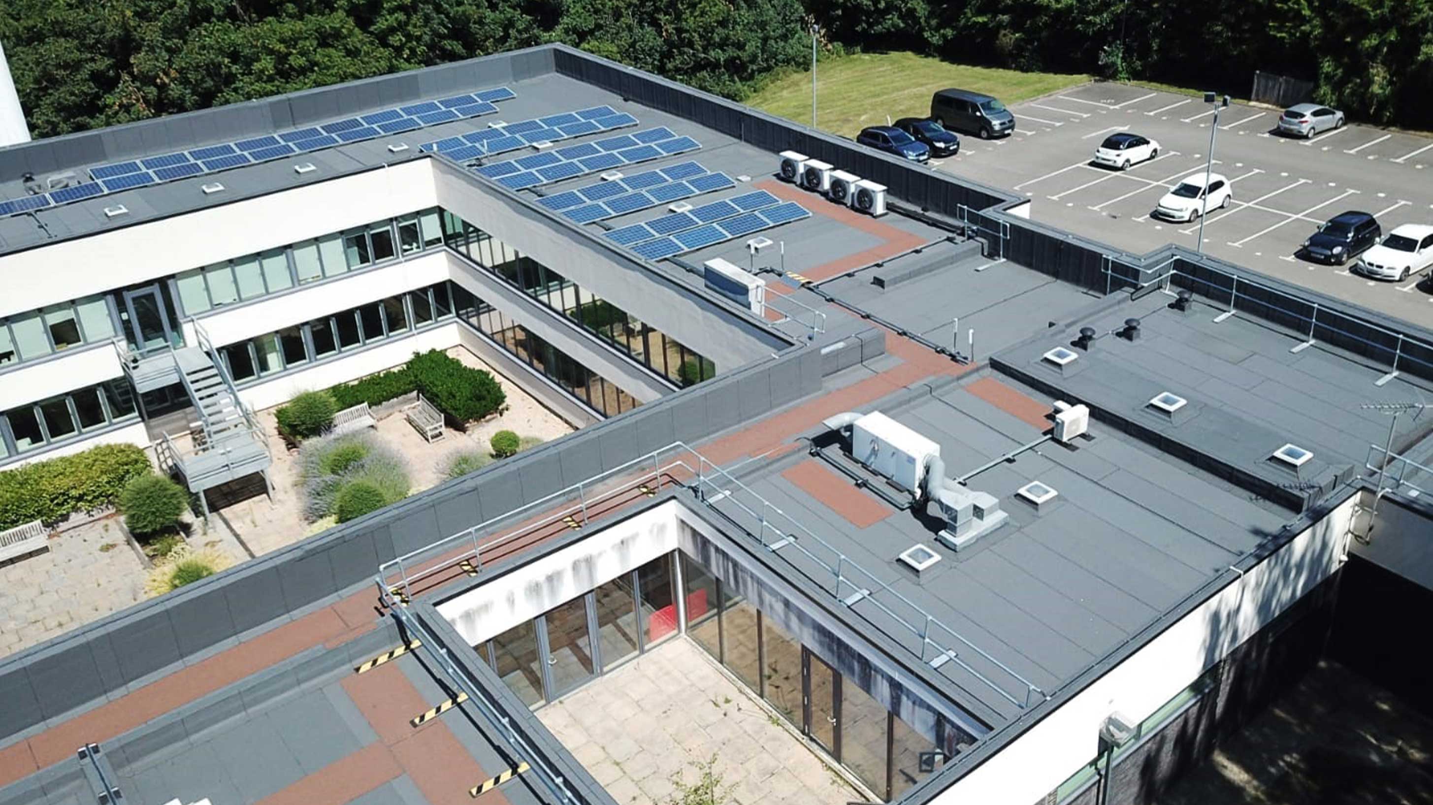 Roof of Priestley House, with Bauder Total Roof System installed with BauderSOLAR