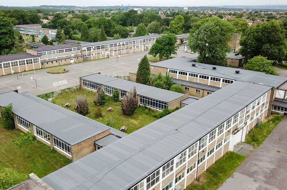 Aerial of Meridian High School with Bauder Total Roof System PLUS with Bauder structural rooflights